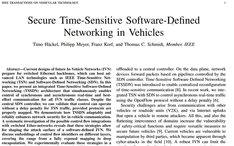 TSSDN now online in IEEE Transactions on Vehicular Technologies